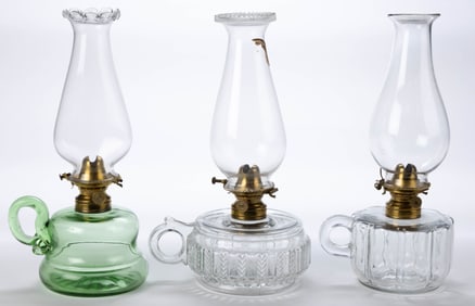 ASSORTED PATTERNED KEROSENE FINGER LAMPS, LOT OF THREE