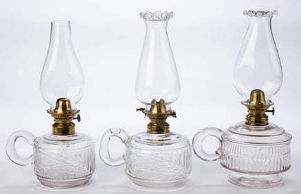 ASSORTED ATTERBURY & CO. PATTERNED KEROSENE FINGER LAMPS, LOT OF THREE