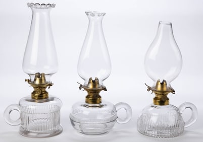 ASSORTED ATTERBURY & CO. PATTERNED KEROSENE FINGER LAMPS, LOT OF THREE