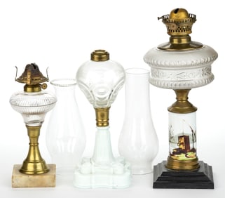 ASSORTED PATTERNED KEROSENE STAND LAMPS, LOT OF THREE