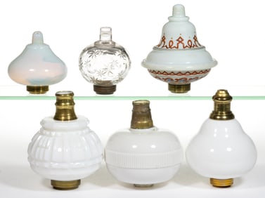 ASSORTED PATTERNED KEROSENE LAMP FONTS, LOT OF SIX