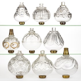 ASSORTED PATTERNED KEROSENE LAMP FONTS, LOT OF NINE