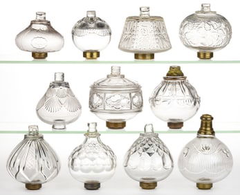 ASSORTED PATTERNED KEROSENE LAMP FONTS, LOT OF 11