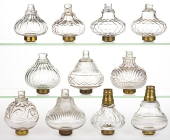 ASSORTED PATTERNED KEROSENE LAMP FONTS, LOT OF 11