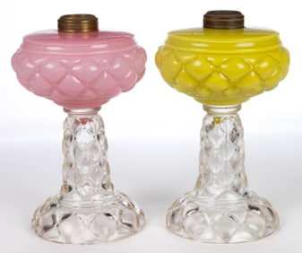 QUILT / FLORETTE KEROSENE STAND LAMPS, LOT OF TWO