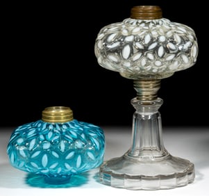 HOBBS NO. 341 / SNOWFLAKE KEROSENE STAND LAMP AND FONT, LOT OF TWO