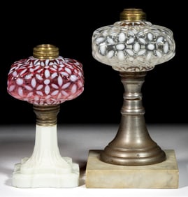 HOBBS NO. 341 / SNOWFLAKE KEROSENE STAND LAMPS, LOT OF TWO