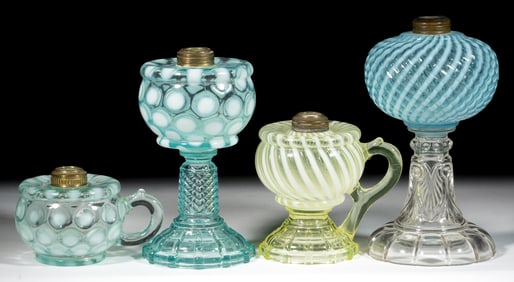 ASSORTED OPALESCENT PATTERNED GLASS KEROSENE LAMPS, LOT OF FOUR
