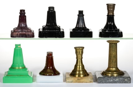 ASSORTED GLASS AND METAL KEROSENE LAMP BASES, LOT OF EIGHT