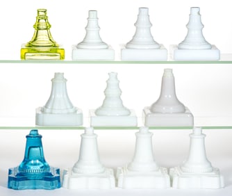 ASSORTED GLASS KEROSENE LAMP BASES, LOT OF 11