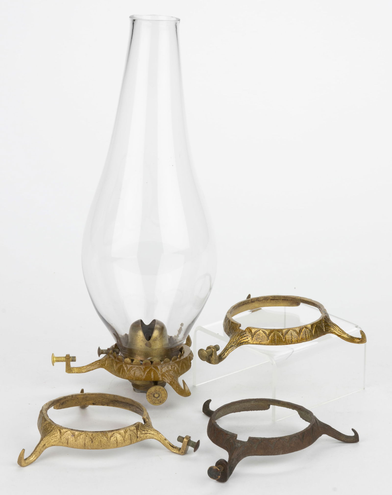 JULIUS IVES CAST-BRASS SHADE HOLDERS AND BURNER, LOT OF FOUR (1 of 1)