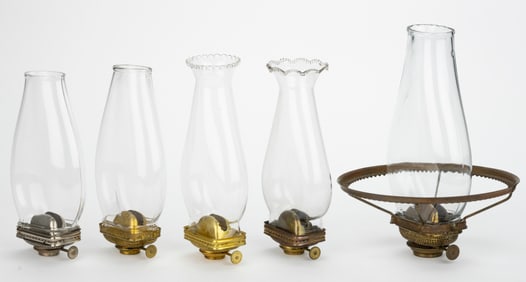 BRIDGEPORT BRASS CO. "LEADER" ASSORTED SIZED LIP BURNER AND CHIMNEY SETUPS, LOT OF FIVE