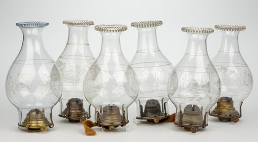 ASSORTED ETCHED PATTERNED NO. 2 SLIP BULGE-FORM CHIMNEY AND BURNER SETUPS, LOT OF SIX