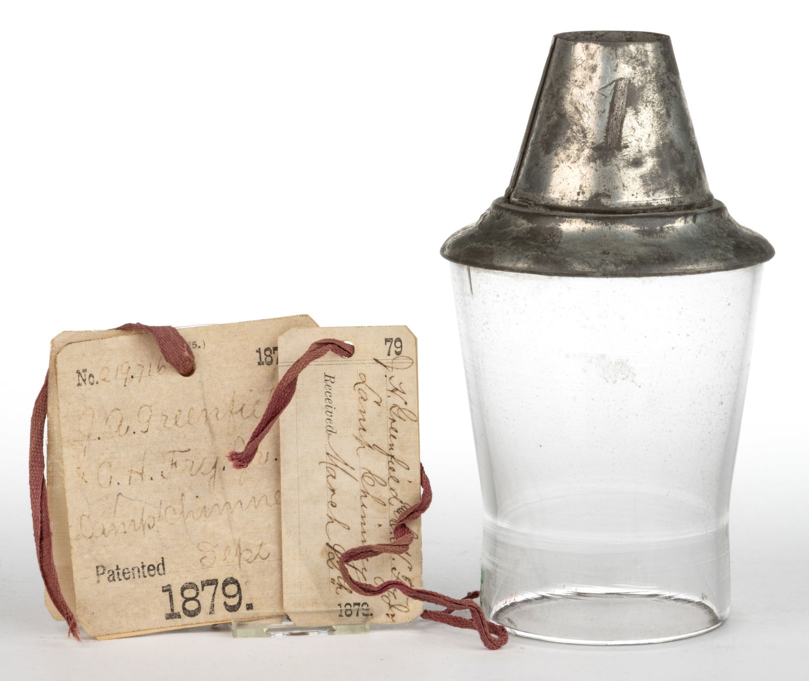 U. S. PATENTED MODEL GREENFIELD AND FRY GLASS AND SHEET-IRON SLIP LAMP CHIMNEY (1 of 1)