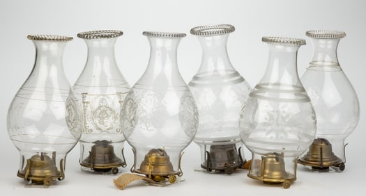 ASSORTED ETCHED PATTERNED NO. 2 SLIP BULGE-FORM CHIMNEY AND BURNER SETUPS, LOT OF SIX