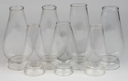 ASSORTED MOLD-BLOWN FOWLER AND CROSBY "DRUMMOND" BURNER LIP CHIMNEYS, LOT OF SEVEN