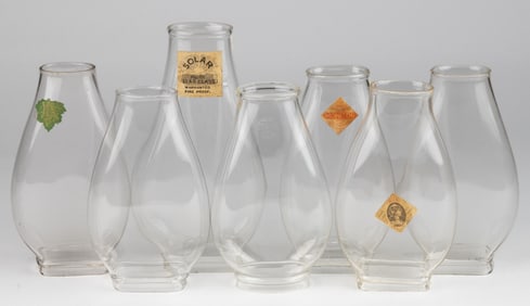 ASSORTED MOLD-BLOWN SPECIALTY CHIMNEYS, LOT OF SEVEN