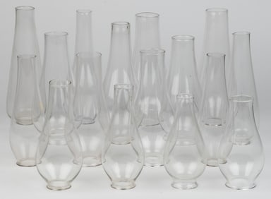 ASSORTED SIZES EARLY AND LATE LIP CHIMNEYS, LOT OF 16