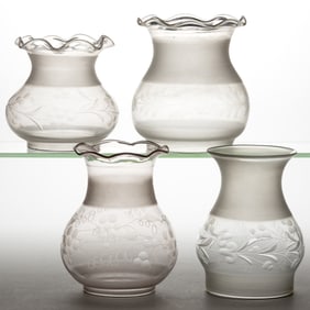 ASSORTED CUT AND ENGRAVED KEROSENE LAMP SHADES, LOT OF FOUR