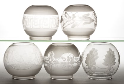 ASSORTED CUT AND ENGRAVED KEROSENE LAMP SHADES, LOT OF FIVE