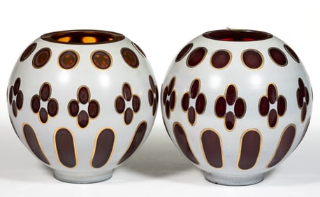 CUT OVERLAY QUATREFOIL, OVAL AND PUNTY KEROSENE LAMP SHADES, PAIR