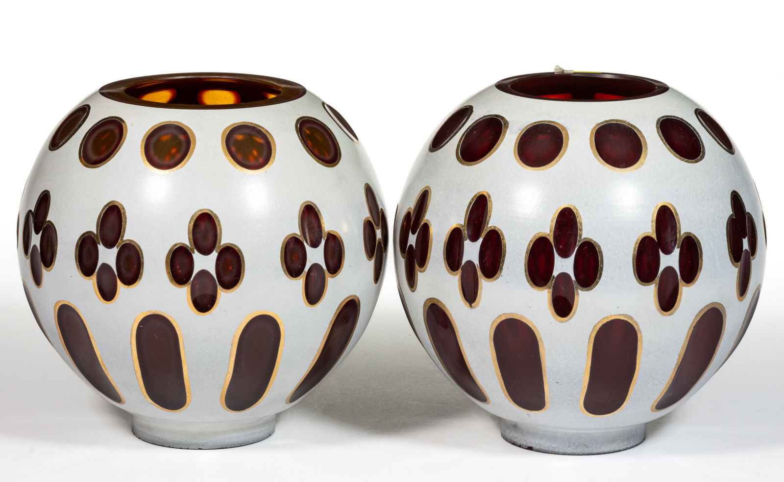 CUT OVERLAY QUATREFOIL, OVAL AND PUNTY KEROSENE LAMP SHADES, PAIR (1 of 1)