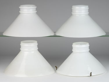 BLOWN OPAL SLANT-FORM KEROSENE LAMP SHADES, NEAR SET OF FOUR