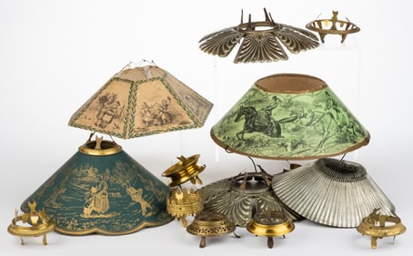 ASSORTED KEROSENE LAMP PAPER AND METAL SHADES AND SUPPORTS / HOLDERS, LOT OF 13