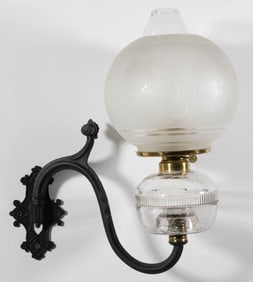 BRADLEY & HUBBARD / J.C. IVES CAST-IRON BRACKET WITH ATTERBURY "FILLEY" FONT KEROSENE BRACKET LAMP