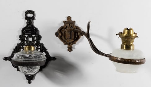 CAST-IRON BRACKETS AND PATTERNED FONT KEROSENE BRACKET LAMPS, LOT OF TWO