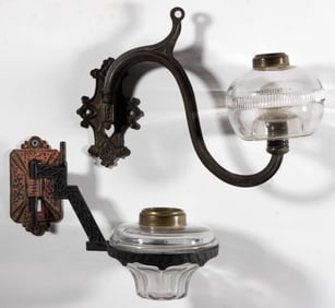 ASSORTED CAST-IRON BRACKETS WITH FONTS KEROSENE BRACKET LAMPS, LOT OF TWO