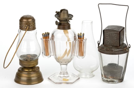 ASSORTED METAL AND GLASS LAMPS AND LANTERNS, LOT OF THREE
