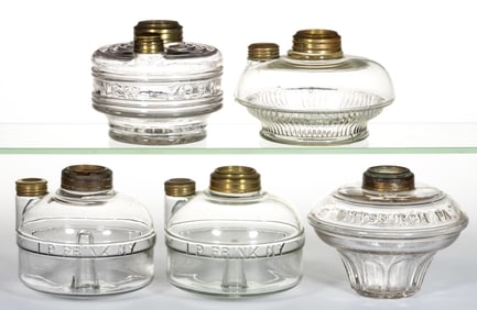 ASSORTED NAME EMBOSSED FONTS FOR SUSPENSION / BRACKET KEROSENE LAMPS, LOT OF FIVE