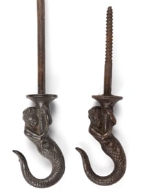 CAST-IRON FIGURAL MERMAID CEILING LIGHTING HOOKS, LOT OF TWO