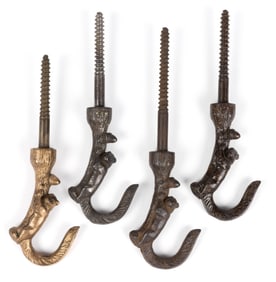 ASSORTED CAST-IRON FIGURAL SQUIRREL ON TREE CEILING LIGHTING HOOKS, SET OF FOUR
