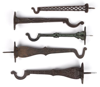 ASSORTED CAST-IRON SINGLE-ARM WALL-MOUNT HANGING HOOKS, LOT OF FIVE