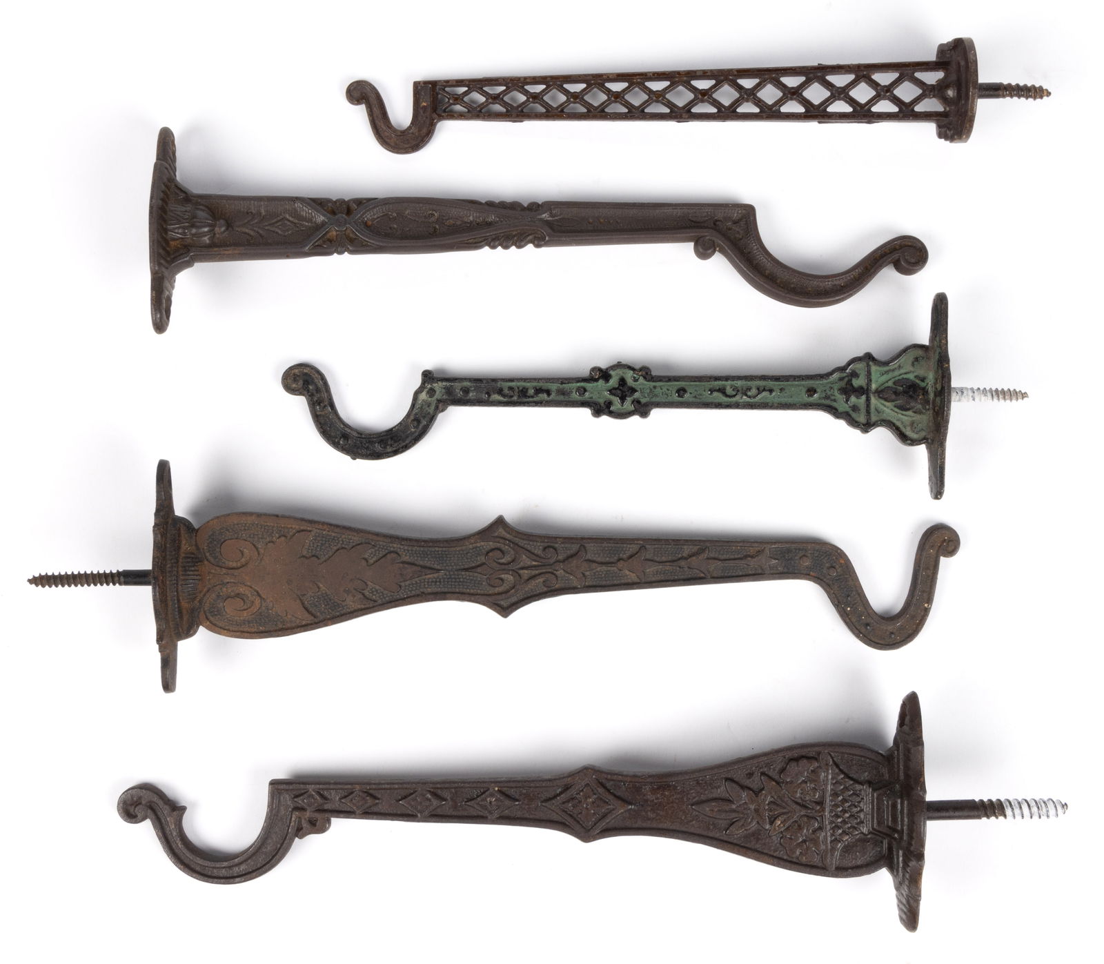 ASSORTED CAST-IRON SINGLE-ARM WALL-MOUNT HANGING HOOKS, LOT OF FIVE (1 of 1)