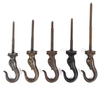 CAST-IRON FIGURAL DOLPHIN CEILING LIGHTING HOOKS, LOT OF FIVE