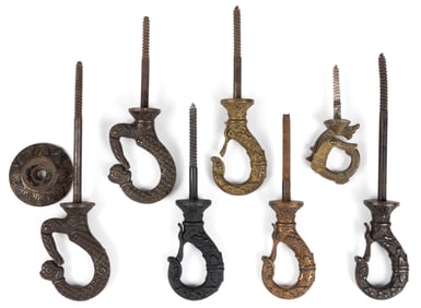 ASSORTED CAST-IRON AND CAST-BRASS CEILING LIGHTING HOOKS, LOT OF SEVEN