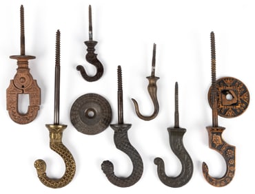 ASSORTED CAST-IRON / METAL CEILING LIGHTING HOOKS, LOT OF SEVEN
