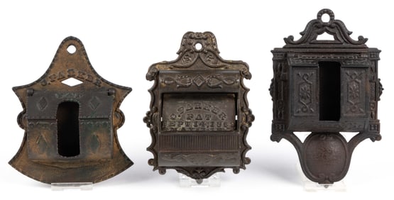 CAST-IRON C. PARKER WALL-MOUNT MATCH HOLDERS, LOT OF THREE
