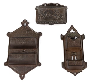 ASSORTED CAST-IRON WALL-MOUNT MATCH HOLDERS, LOT OF THREE