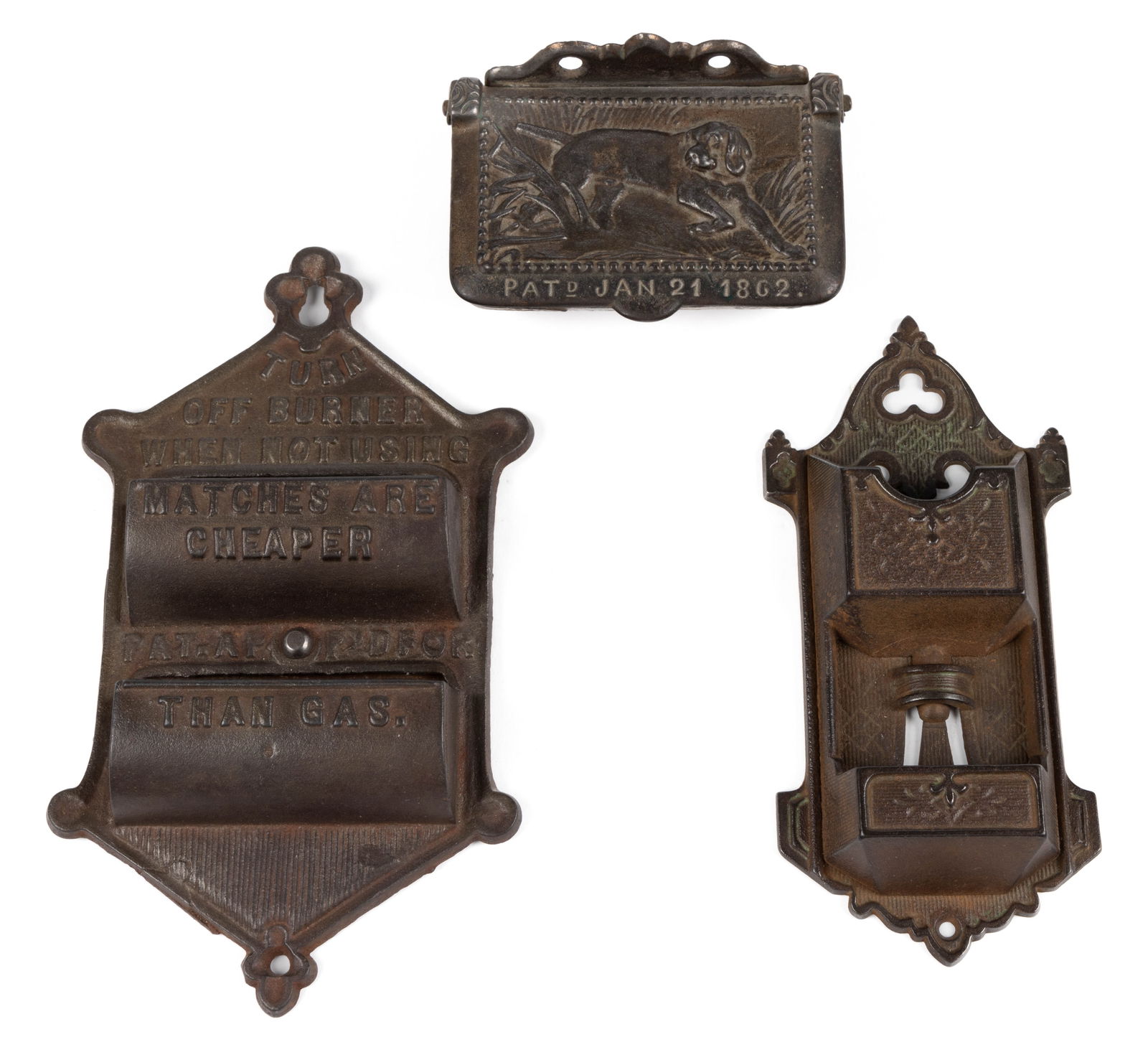 ASSORTED CAST-IRON WALL-MOUNT MATCH HOLDERS, LOT OF THREE (1 of 1)