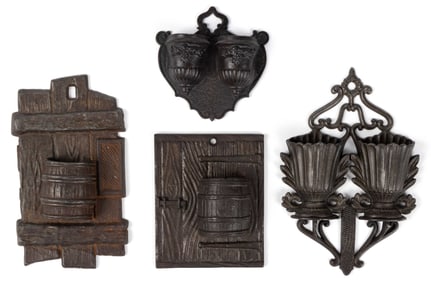 ASSORTED CAST-IRON WALL-MOUNT MATCH HOLDERS, LOT OF FOUR