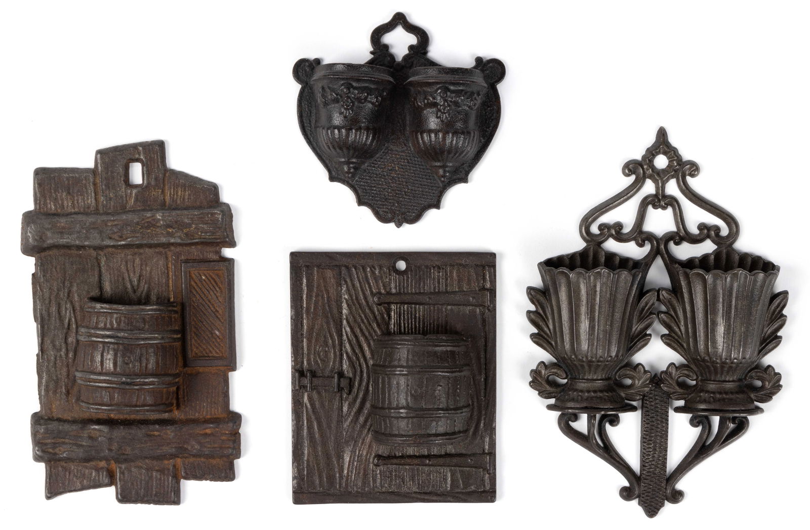 ASSORTED CAST-IRON WALL-MOUNT MATCH HOLDERS, LOT OF FOUR (1 of 1)
