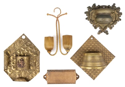 ASSORTED BRASS MATCH HOLDERS AND RELATED ARTICLES, LOT OF FIVE