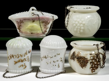 ASSORTED PATTERNED HANGING MATCH HOLDERS, LOT OF FIVE