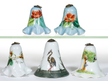 ASSORTED BLOWN-GLASS SMOKE AND DECORATED SMOKE BELLS, LOT OF FIVE