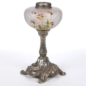 FRENCH VICTORIAN DECORATED AND SIGNED HERRINGBONE OPTIC KEROSENE STAND LAMP