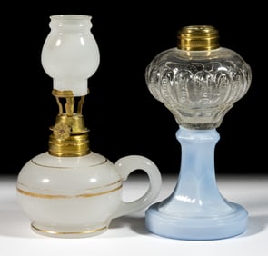 ASSORTED PATTERNED KEROSENE MINIATURE LAMPS, LOT OF TWO